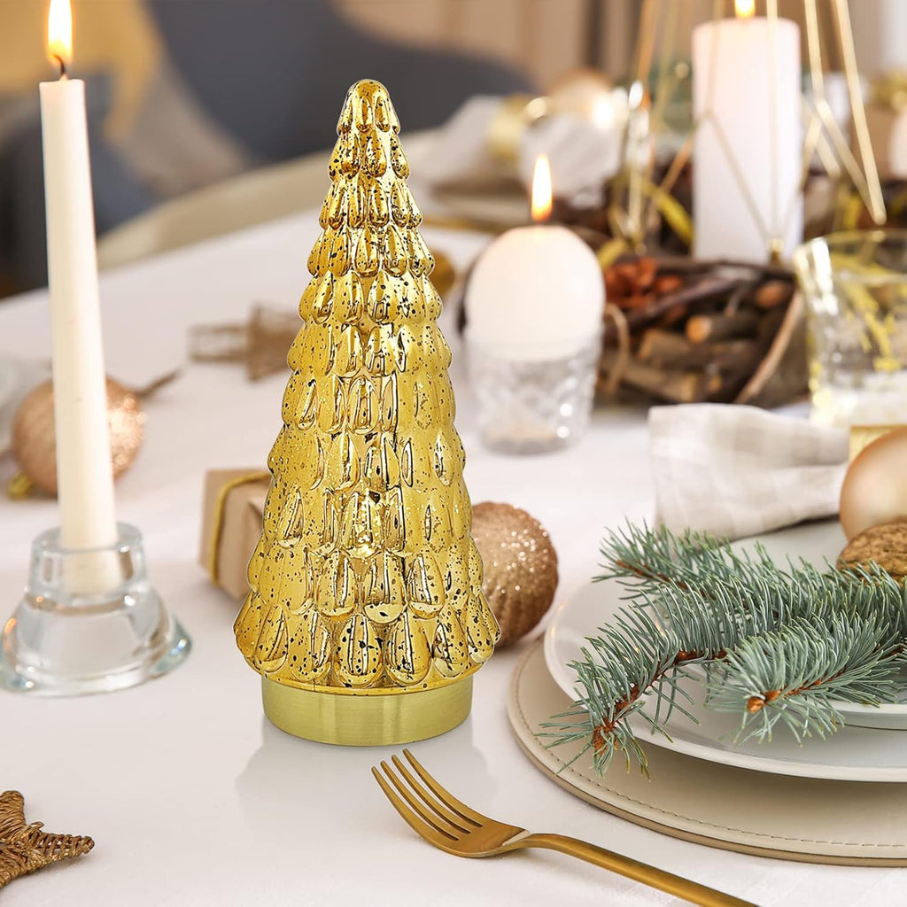 SHMILMH Gold Mercury Glass Christmas Tree Set - Battery Operated Tabletop Xmas Trees | 10" Decor