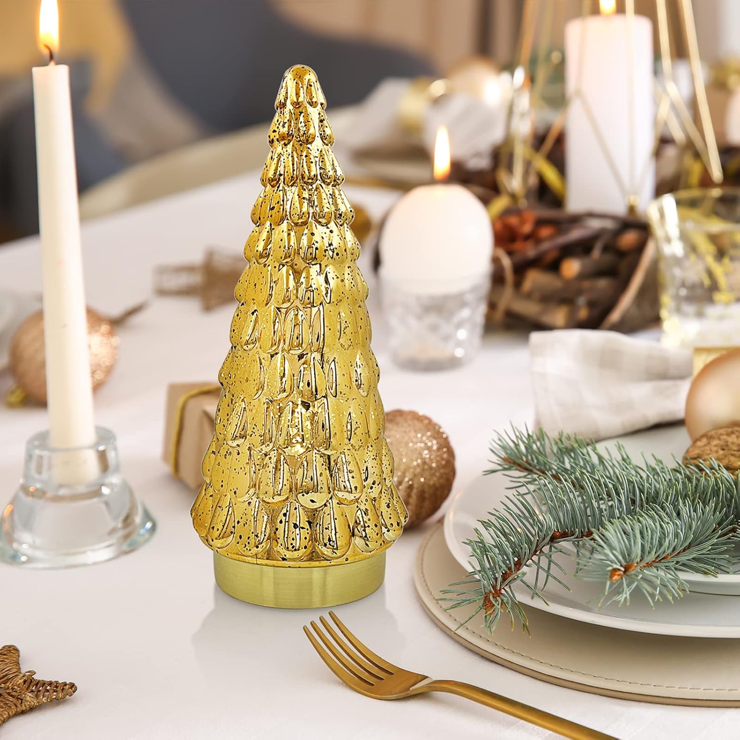SHMILMH Gold Mercury Glass Christmas Tree Set - Battery Operated Tabletop Xmas Trees | 10" Decor