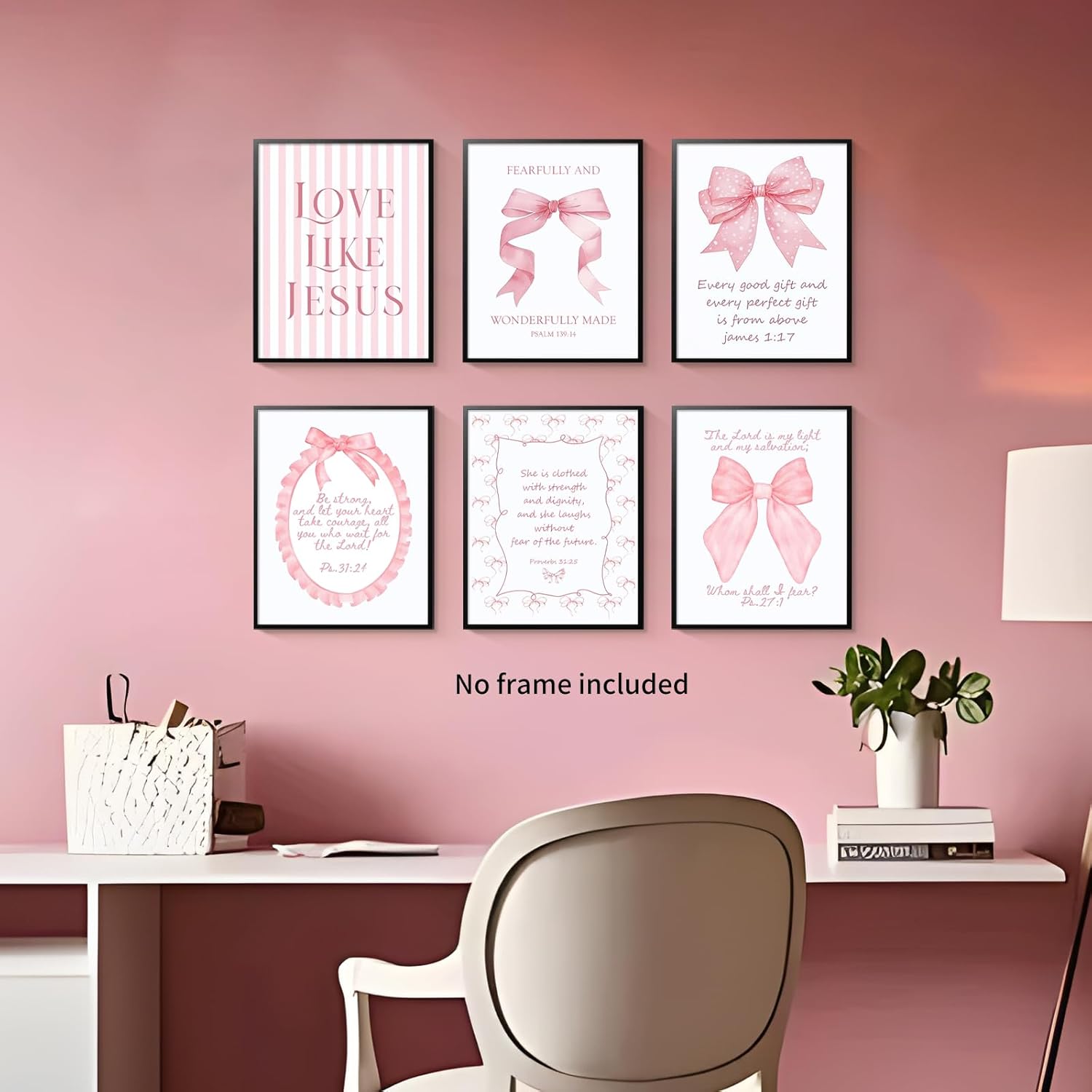 Skiennix 3-Piece Pink Bows Wall Art - Cute Bible Verse Decor for Girls' Rooms | 8x10 Inch Prints