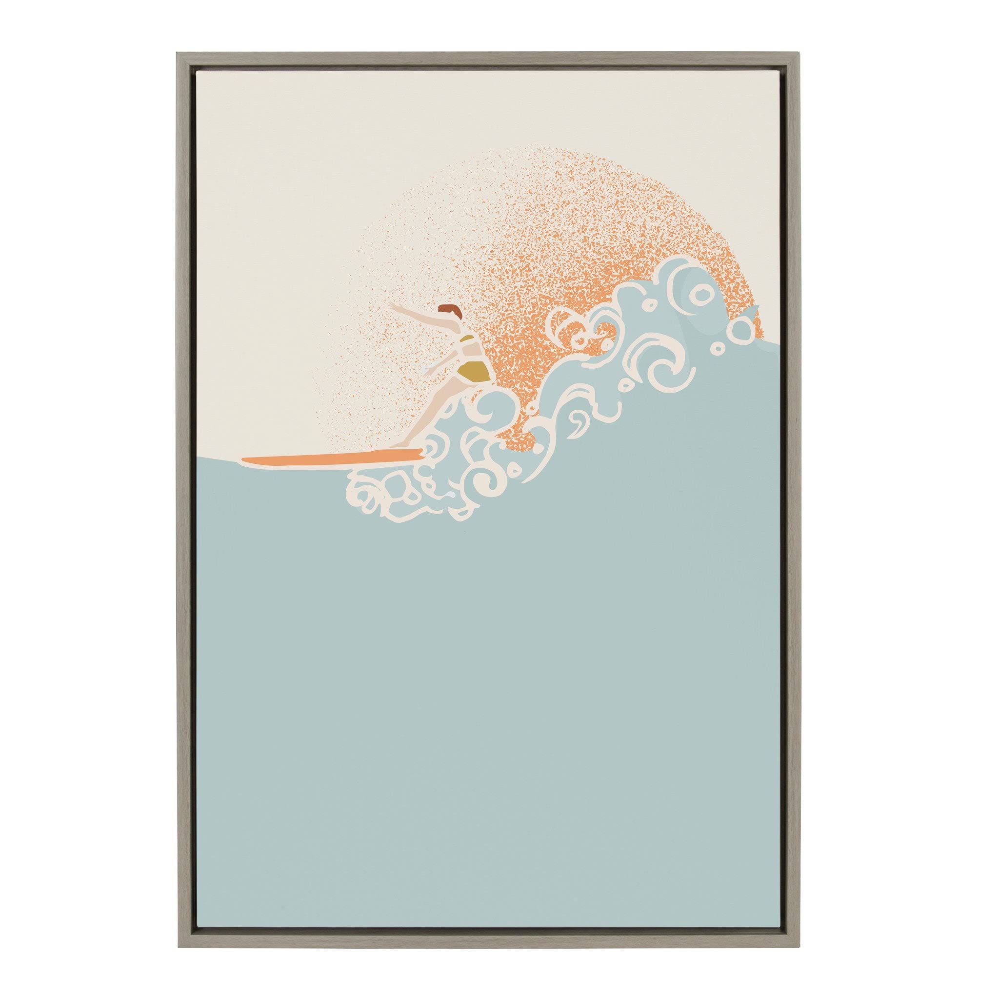 Kate and Laurel Sylvie Sea Breeze Surfer Girl Framed Canvas Wall Art by Hannah Beisang, 23x33 Gray. Decorative Beach Art for Wall
