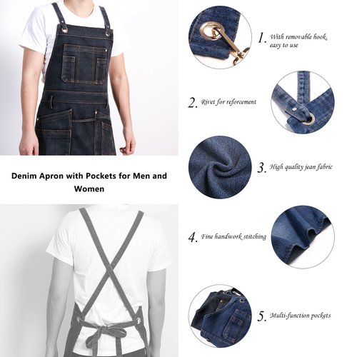 Upguider Denim Apron with Pockets Adjustable Jean Cooking Aprons with Multi Pockets for Kitchen Cooking BBQ Gardening (Blue)