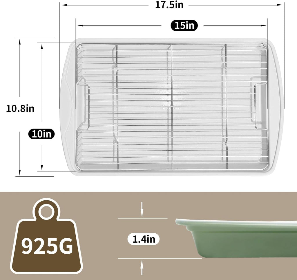 Nonstick Crisp Baking Tray - Ceramic Coating Jelly Roll Cookie Sheet Pan | 15x10, PTFE & PFOA Free, Oven Safe 550°F, Dishwasher Safe, Aluminized Steel, Pistachio Green