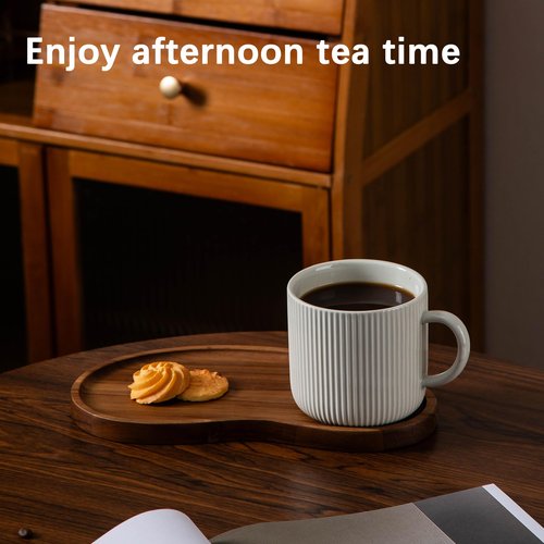JiabaoPC Ceramic Coffee Mug and Wooden Serving Tray Set, White Ribbed Cup with Handle 14.2oz, Modern Design with Wood Platter