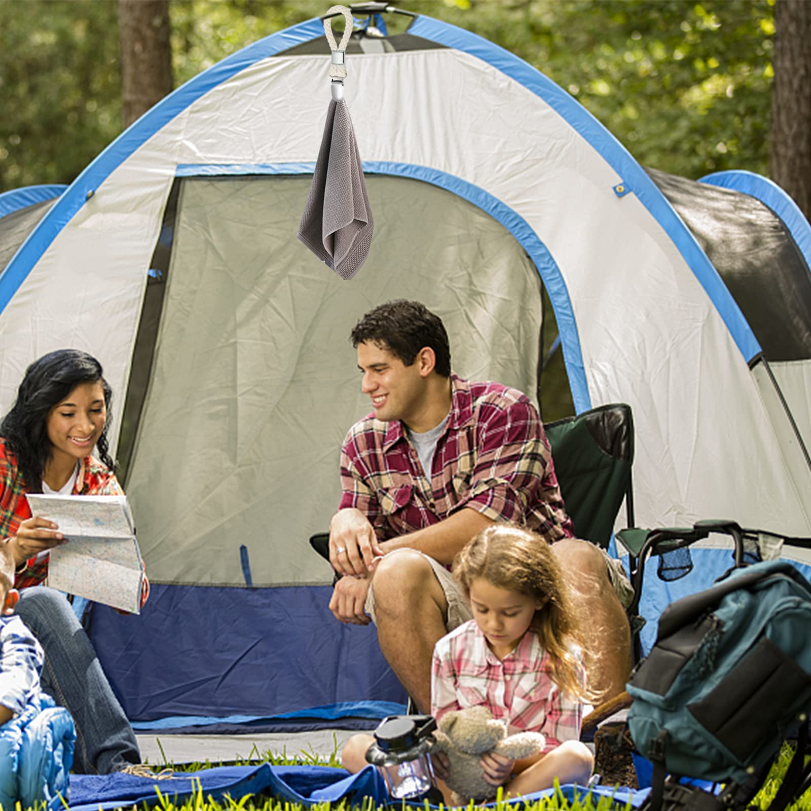 Elesunory 8PCS Hanging Tea Towels Clip, Metal towel hanger with Loop Cotton, Hand Towel Hook for Home Kitchen Bathroom Hanging Towels