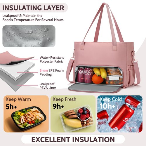 Lunch Tote Bag for Women with 15.6" Laptop Compartment, Work Tote Bag with Insulated Lunch Compartment, Large Casual Canvas Handbag Luncg Bags for Nurse, Teacher, Office, Travel, Beach, Pink