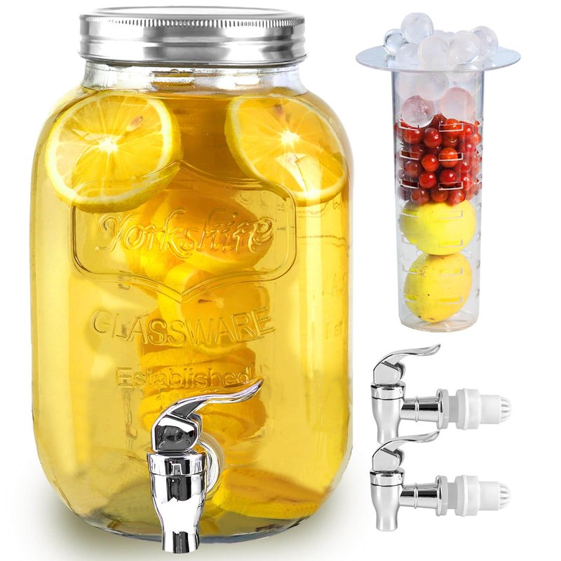 1 Gallon Glass Drink Dispensers for Parties, Large Beverage and Water Dispenser, Lemonade Dispenser, Sun Tea Glass Jar for Outside, With a Fruit Infuser, Two Spigots (PP Spigots)