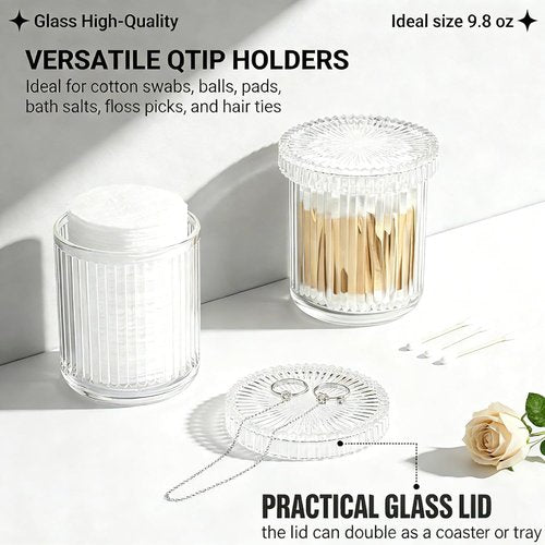 Clear Apothecary Jars | 2 Pack Glass Qtip Holder Dispenser Set - Stylish Bathroom Organizer for Cotton Swabs, Balls, Pads