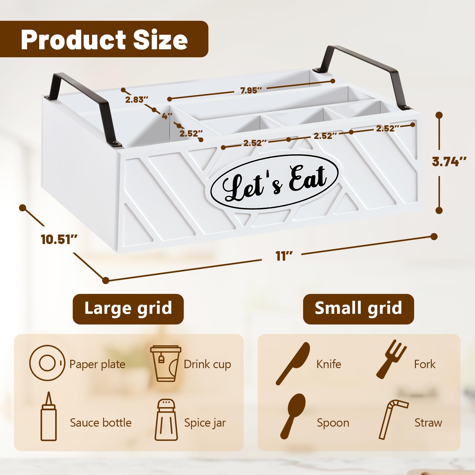 VOOTTOU Paper Plate Dispenser, Wood Paper Plate Holder with Handle for Kitchen Counter, Silverware Caddy for Cups, Spoons, Forks, Plates, Napkins, Utensil Holder for Party Camping Buffet (White)