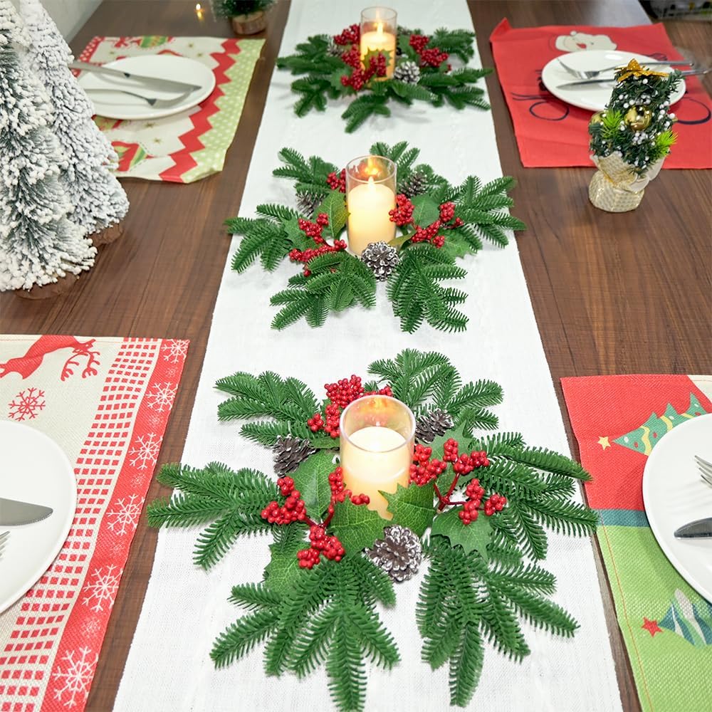Skiennix Christmas Small Wreaths - 3 Pcs 13.5 Inch Pine Candle Rings for Table Centerpieces & Home Decor