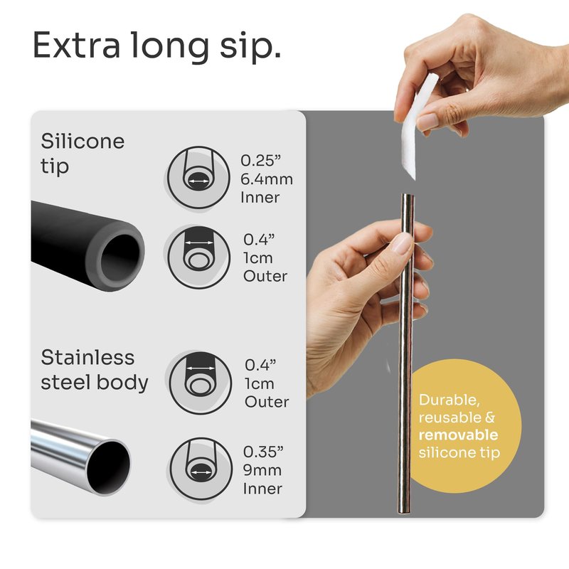 purifyou 14.5" Stainless Steel Straws with Silicone Tips, Extra Long & Wide Reusable Metal Straws for Tumblers, Smoothies, Milkshakes (Set of 10 with Brush)