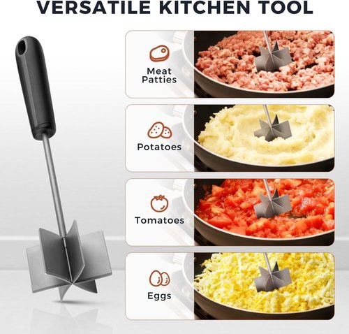 Coinicxcel 10-Inch Stainless Steel Meat Chopper & Masher - Heat Resistant, Ergonomic Handle, 6 Curved Blades