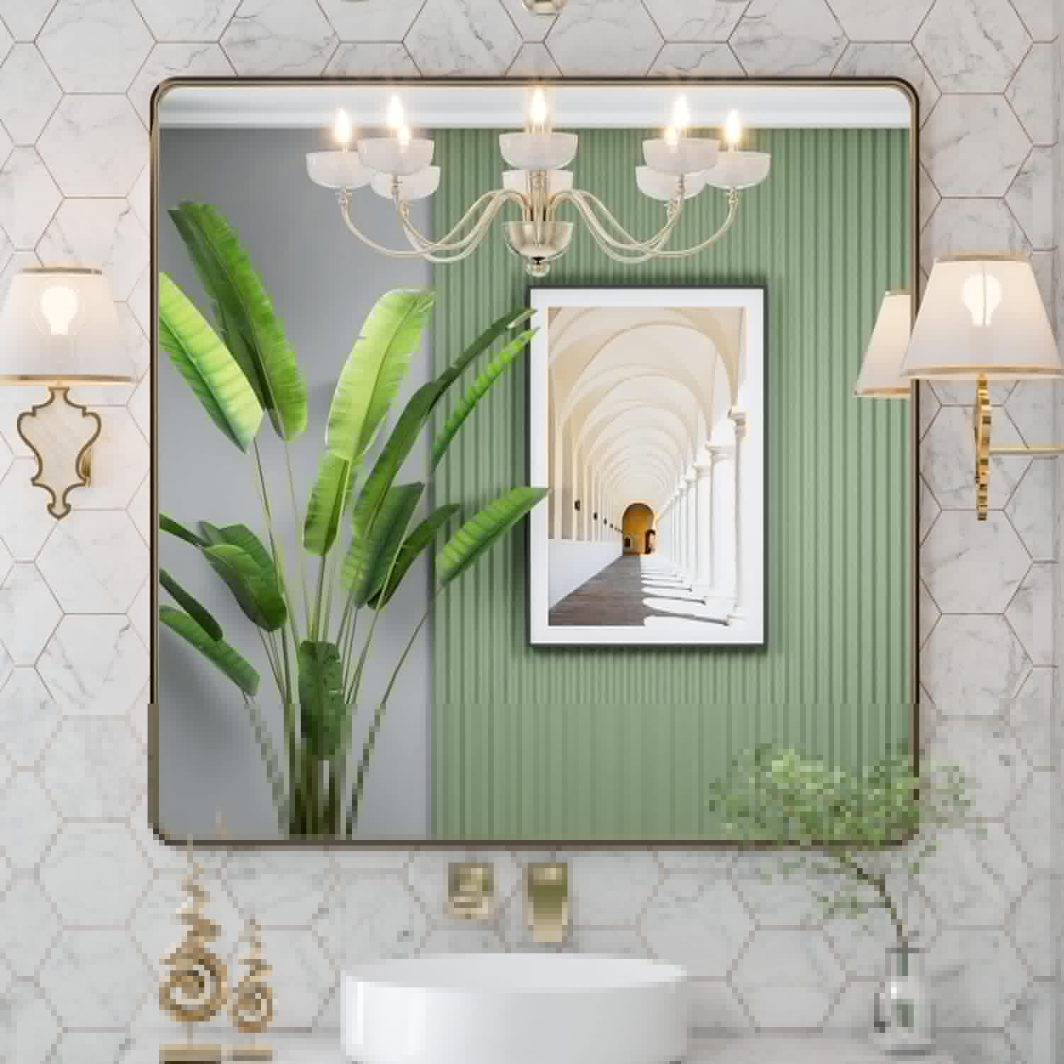 LOAAO Bronze Bathroom Mirror - 36”x36” Rounded Rectangle with Anti-Rust Frame | Versatile Hanging Options