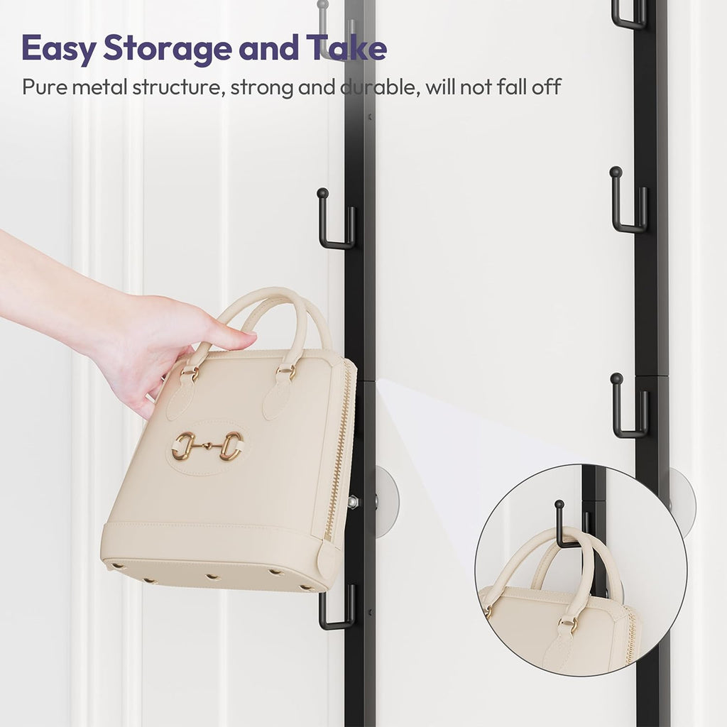 SWTYMIKI Over The Door Purse Organizer - Wall Mounted Rack with 8 Hooks for 16 Bags | Black