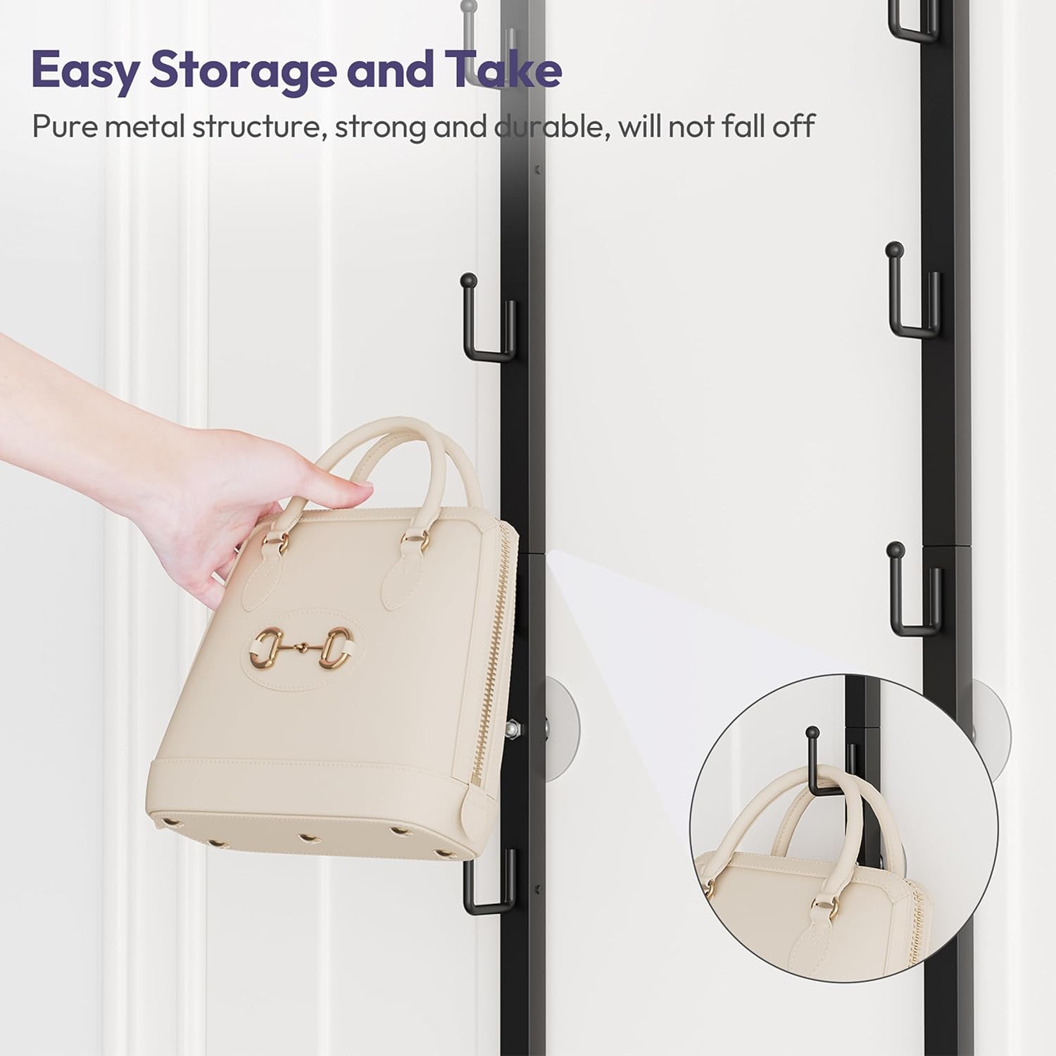 SWTYMIKI Over The Door Purse Organizer - Wall Mounted Rack with 8 Hooks for 16 Bags | Black