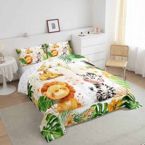 jejeloiu Kids Zoo Animal Bedding Set Full Size Cute Animal Comforter Set for Boys Girls Teens Lion Giraffe Elephant Duvet Set Tropical Leaves Quilt Set 3Pcs