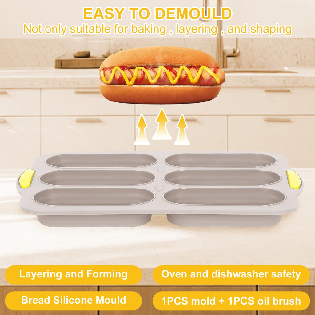 mumisuto Silicone Baguette Pan,Nonstick Hot Dog Bun Pan 6 Cavity Hamburger Bun Pan Set,Perforated Baking Forms Hot Dog Mold French Bread Bake Molds Sandwich Mold Baking Tray for Oven Baker (Brown)