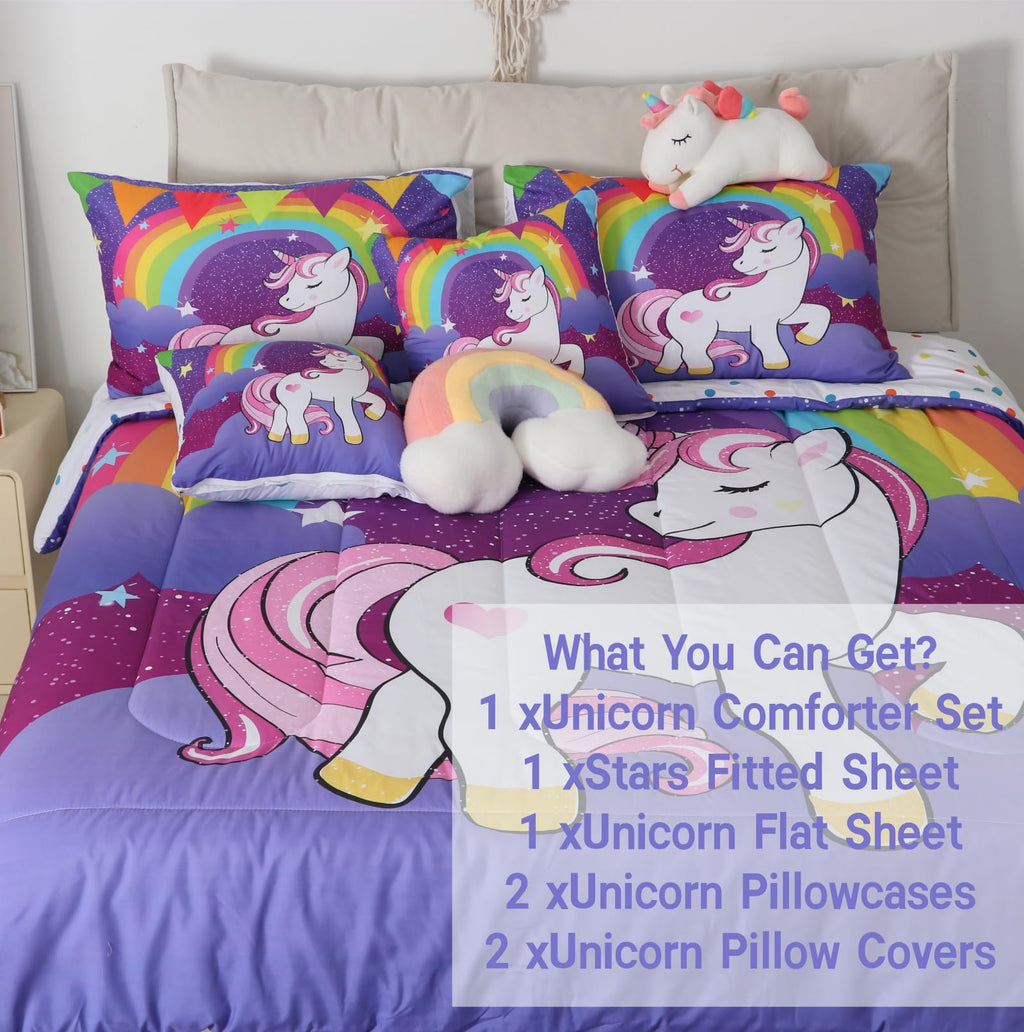 Erosebridal Unicorn Twin Bedding Sets for Girls Kids,7 Piece Bed in a Bag,Cute Purple Rainbow Unicorn Print Comforter Set with Sheet Set Cartoon Kawaii Galaxy Stars Fantasy Girls Room Decor Child