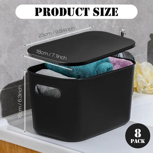 Hoolerry Colorful Storage Bins - 8-Piece Stackable Plastic Organizing Containers with Lids | 9.8 x 7.1 x 6.3 Inch, Black
