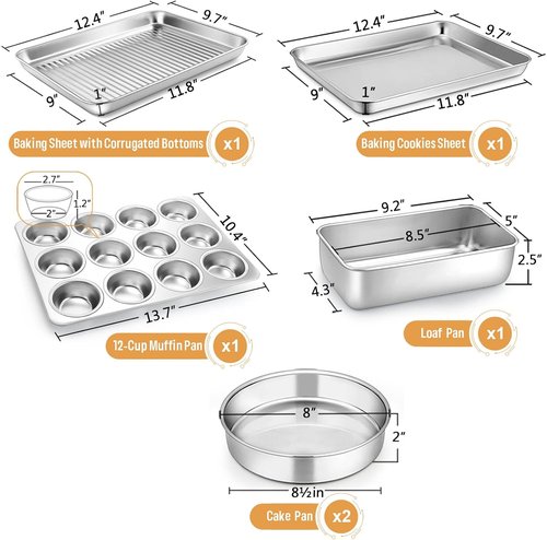 E-far 6-Piece Stainless Steel Baking Pans Set - Non-Toxic, Heavy Duty Bakeware for Oven | Includes 8-Inch Cake Pan, Cookie Sheet, Muffin & Loaf Pan