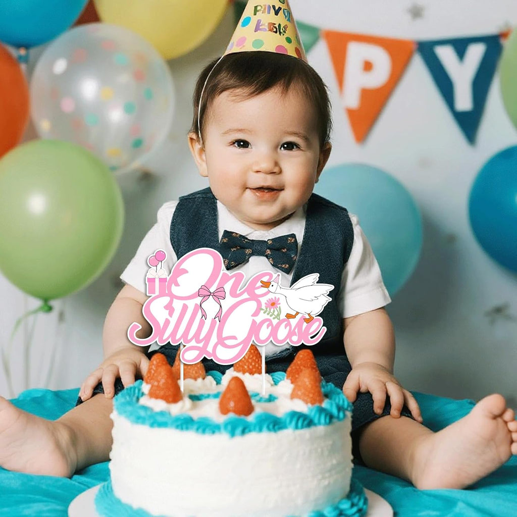 One Silly Goose Birthday Cake Topper - Fun Goose Theme Decorations for 1st Birthday | Cupcake Props