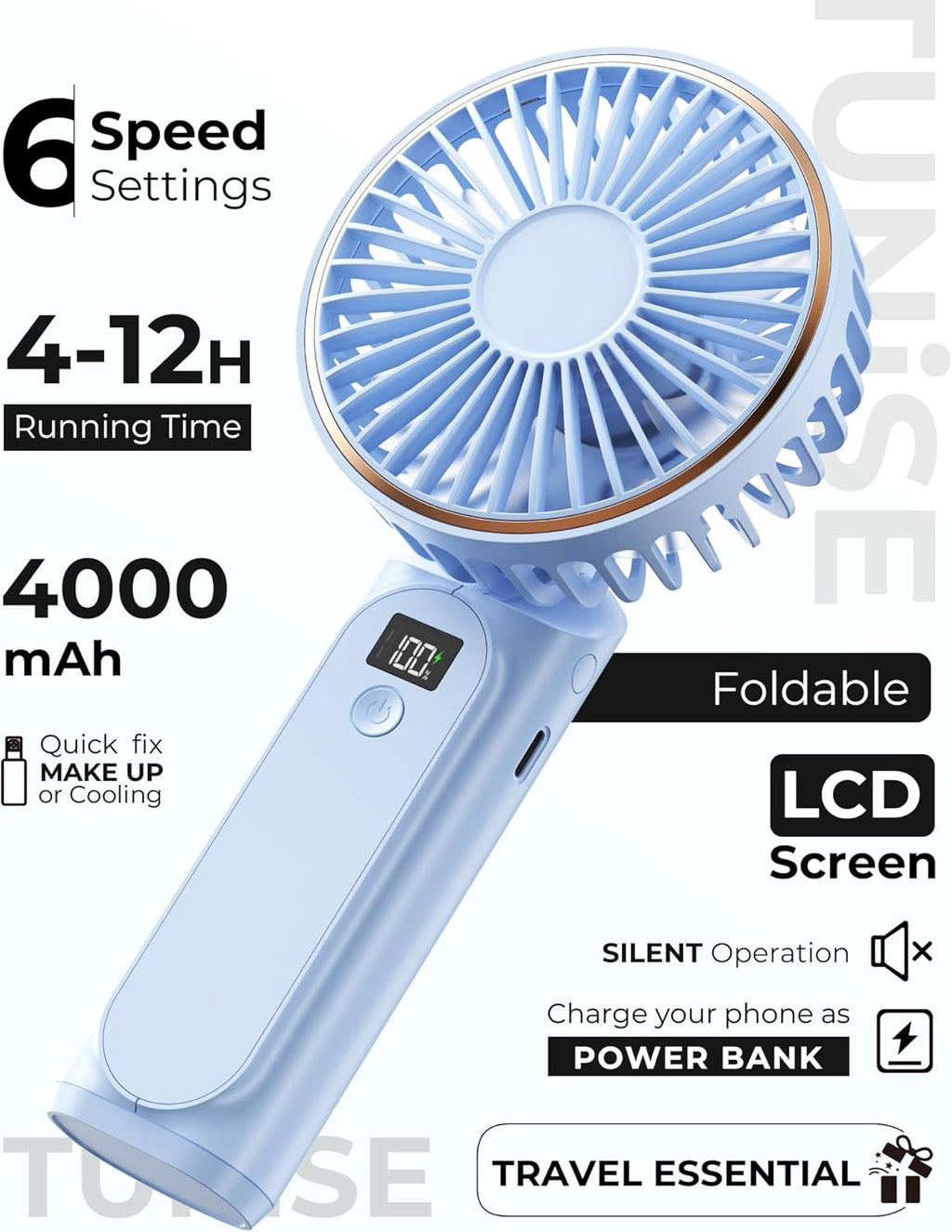 TUNISE Portable Handheld Fan - Rechargeable 4000mAh Battery | 180° Adjustable, 6 Speed, USB Foldable Design