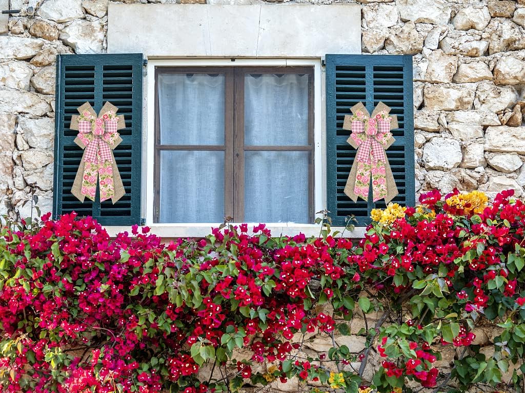 Skiennix Large Spring Wreath Bow - Pink Roses & Burlap Design | Retro Floral Decor for Indoor/Outdoor Use