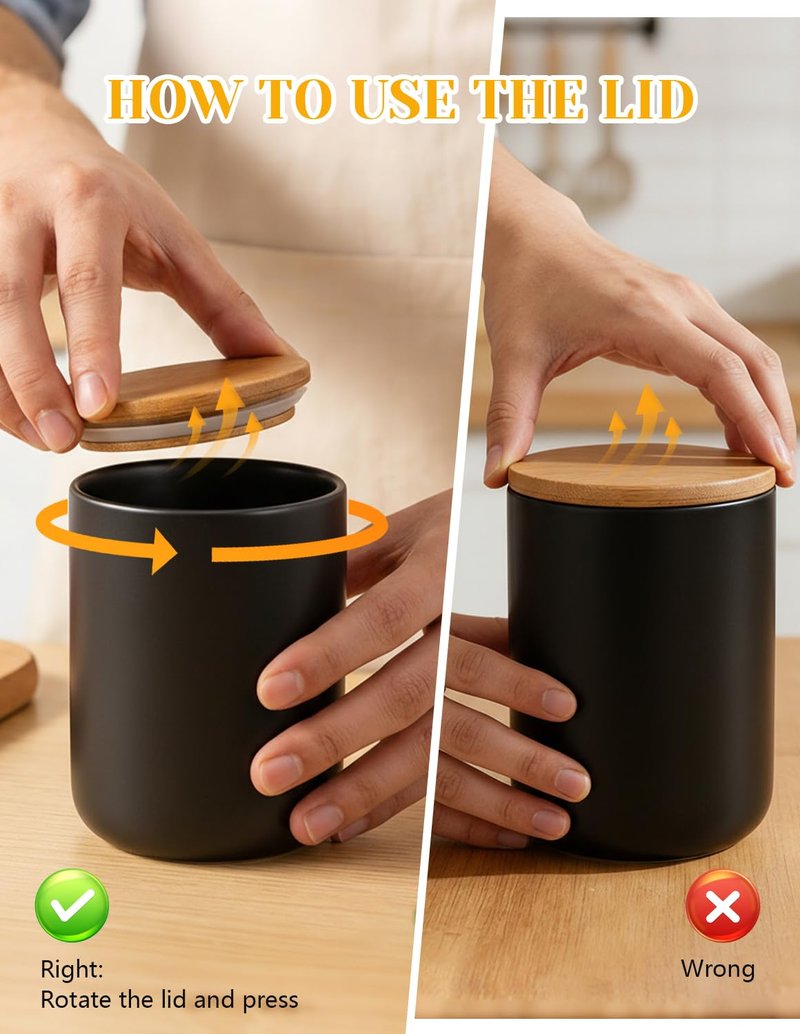 YYW Ceramic Food Storage Containers with Lids, Kitchen Canisters for Countertop, Black Food Containers Jar for Flour, Coffee Bean, Sugar, Tea, Spices and More, Home Decor (260ml/8.79oz)