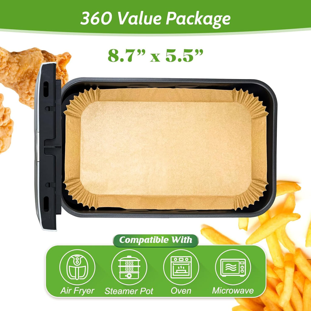 Unbleached Heavy Duty Air Fryer Paper Liners by 360 Pcs - Non-Stick & Non-Leak | 8.7" x 5.5" Size