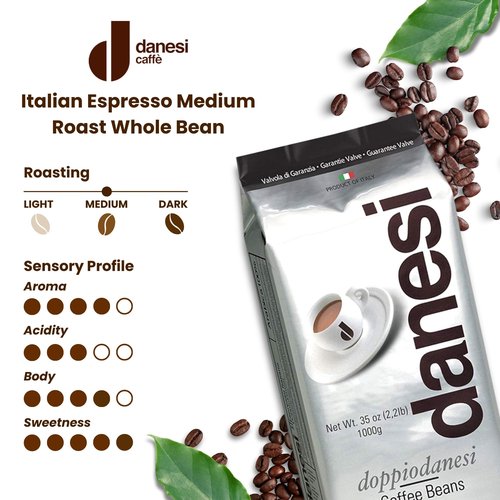 Danesi Caffe Italian Whole Coffee Beans - Espresso Coffee Beans and Medium Roast Whole Bean - Perfect for Espresso Machines, French Press, and Home Brewing - Doppio (2.2 lb)