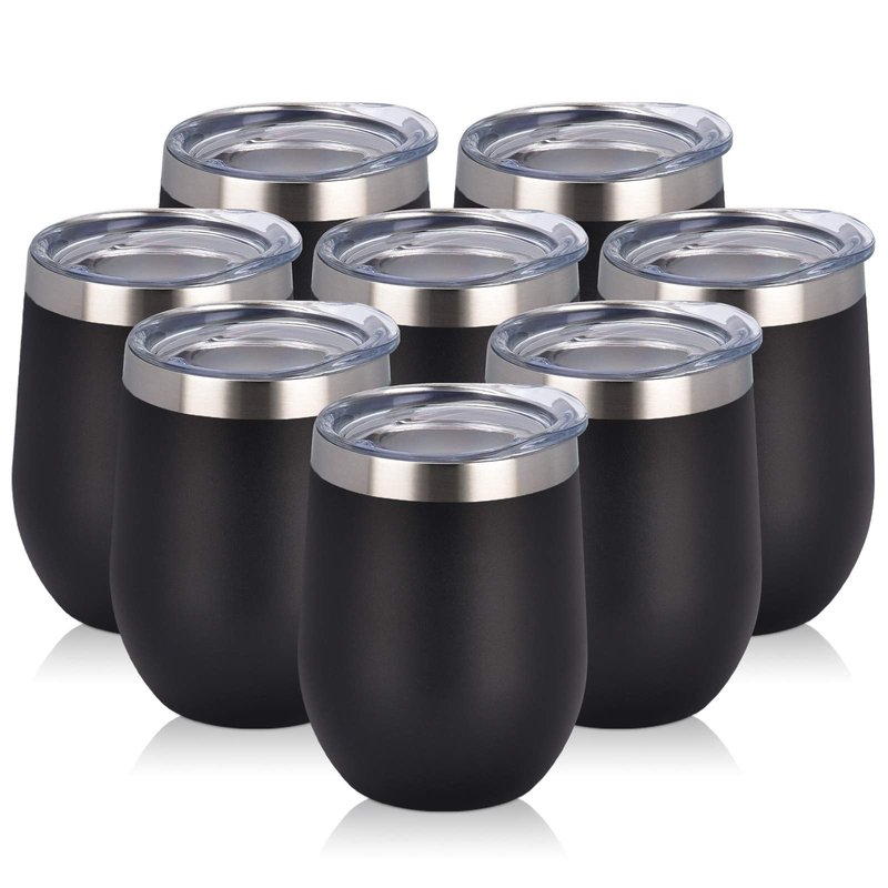8 Pack 12Oz Stainless Steel Wine Tumblers, Insulated Wine Tumbler, Double Wall Insulated Wine Glass, Stainless Steel Stemless Wine Cups with Lids for Coffee, Wine, Cocktails, Champaign, Black