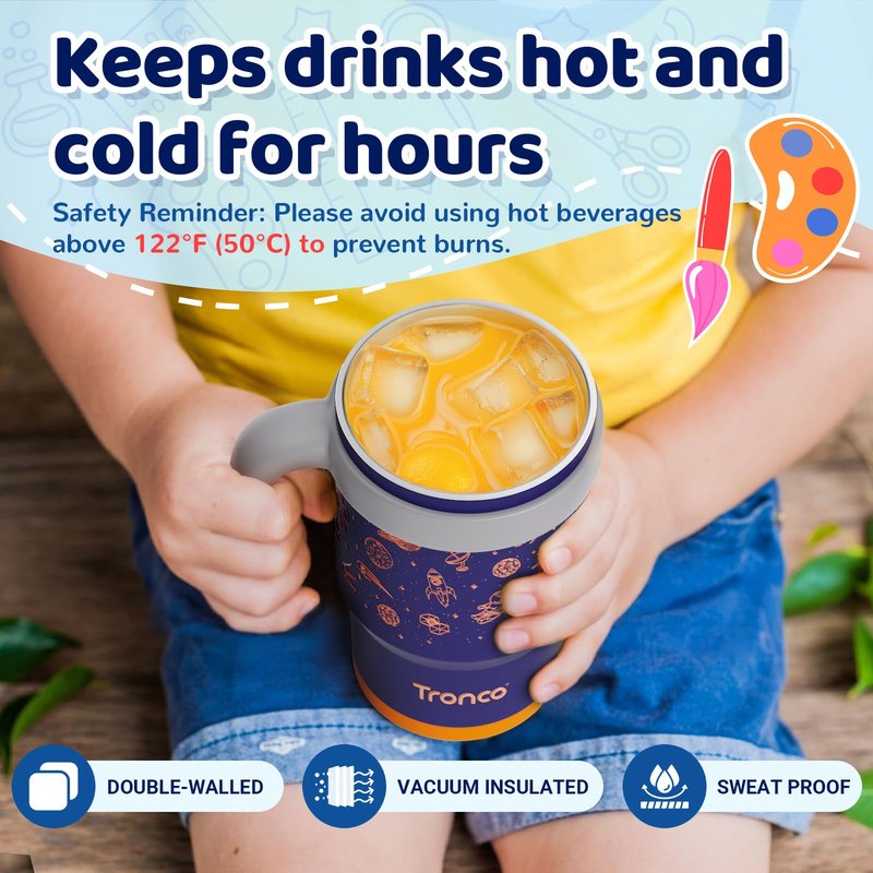 Tronco 14 oz Kids Insulated Tumbler with Handle & Spill Resistant Flexible Straw, BPA-Free Stainless Steel Toddler Cups with Lids, Splash-Proof Kid Drinking Cup Travel Mugs, Easy to Clean