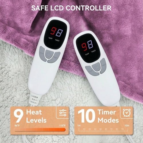 Heated Electric Blanket Queen Size 84"x90" Heating Blanket with Dual Control 9 Heating Levels 10 Timer Modes Auto Off, Fast Heating Over-Heat Protection Ultra Soft Flannel ETL Certified, Purple