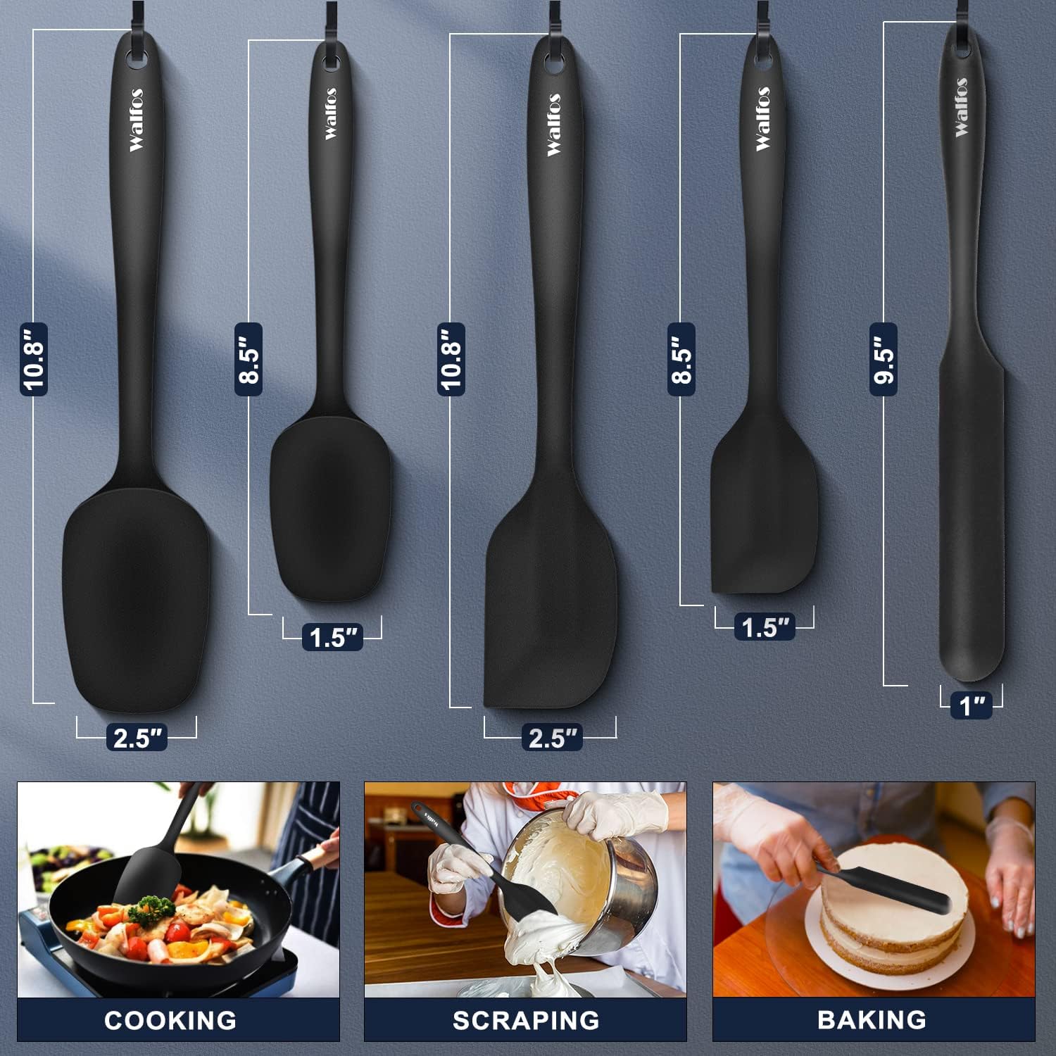 Walfos Silicone Spatula Set of 5 - High Heat Resistant Kitchen Scrapers (600°F) | BPA Free & Dishwasher Safe, Black