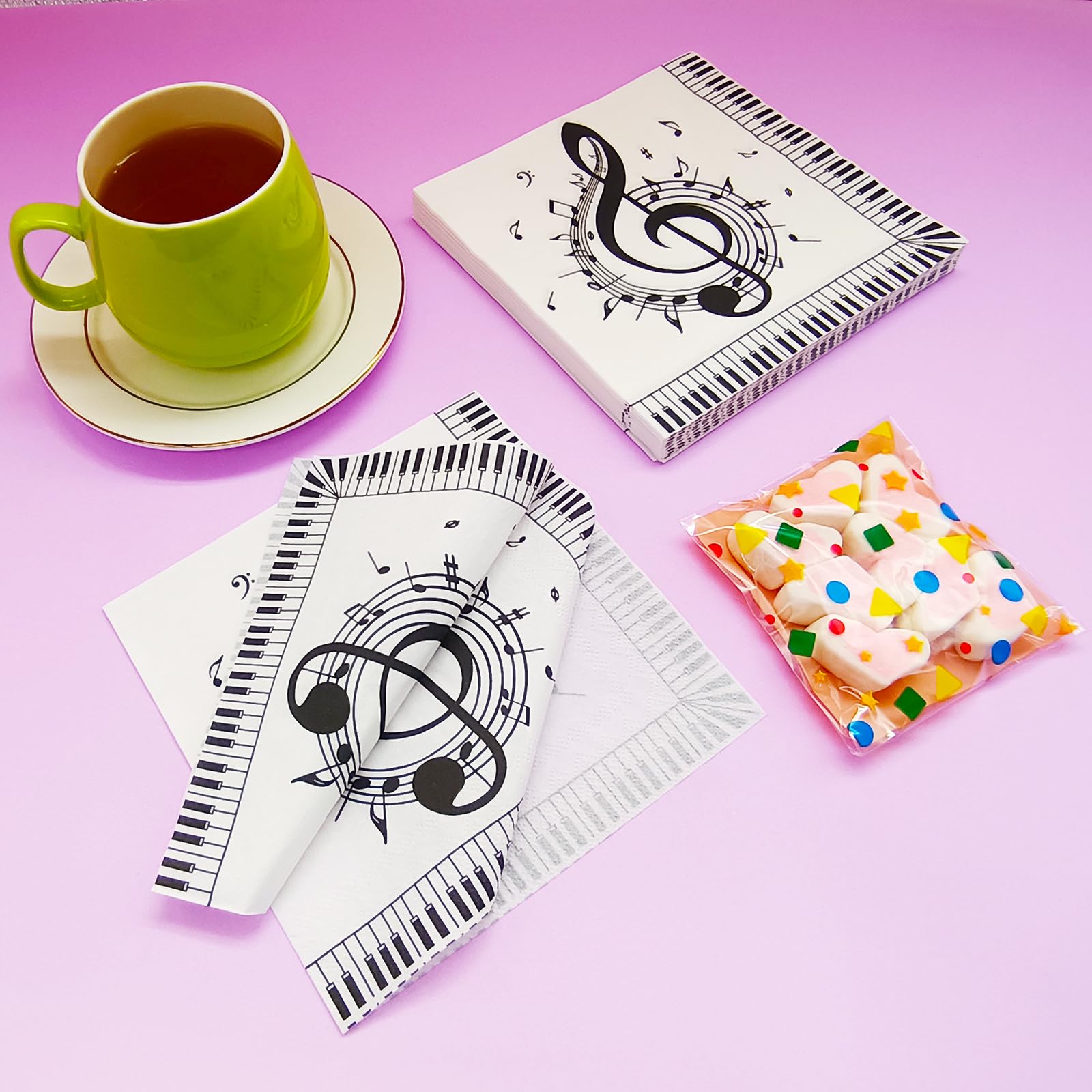 Jagrove 100 Count Disposable Paper Music Napkins 2 Ply Musical Notes Piano Keys Print Decorative Beverage Guest Luncheon Dinner Cocktail Napkins for Music Themed Party, 6.5X6.5 Inches Folded