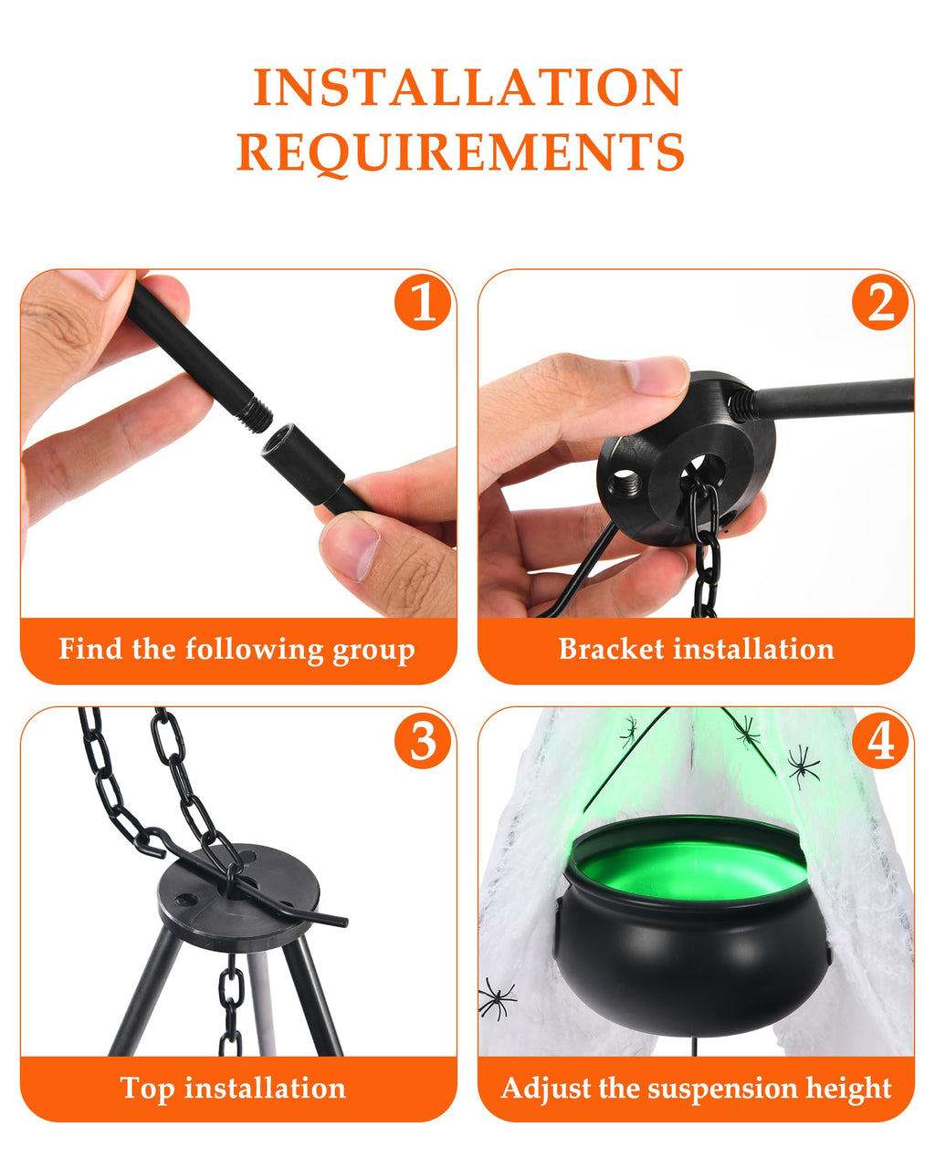 Halloween Decorations Outdoor, DIY Witches Cauldron Black Plastic Bowl Indoor, Halloween Witch Cauldron on Tripod with Lights, Cotton, Spider Web- Candy Bucket Porch Yard Decor