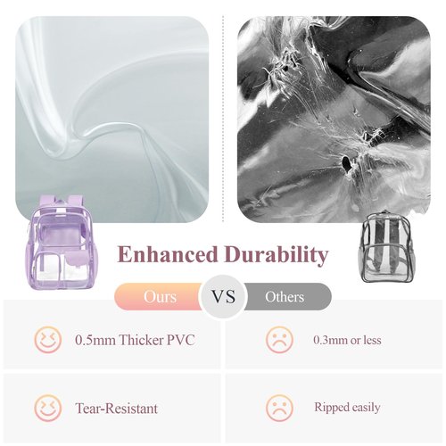 PACKISM Clear Backpack for School Work - 17 inch Heavy Duty Clear Bookbag with Reinforced Bottom, Transparent PVC See Through Security Backpacks for Students with 3 Front Pockets,Purple (Age 12+)