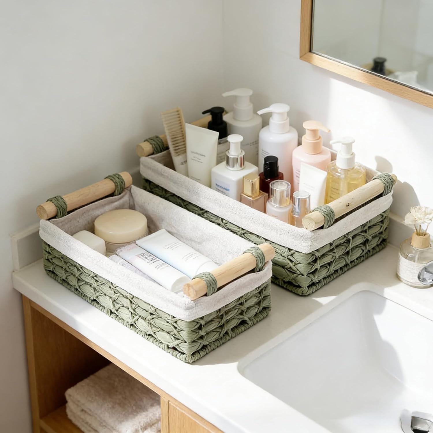 Regine Switzerland Set of 2 Green Bathroom Basket Organizers - Wicker Storage Baskets with Liner & Wooden Handles for Towels & Toiletries