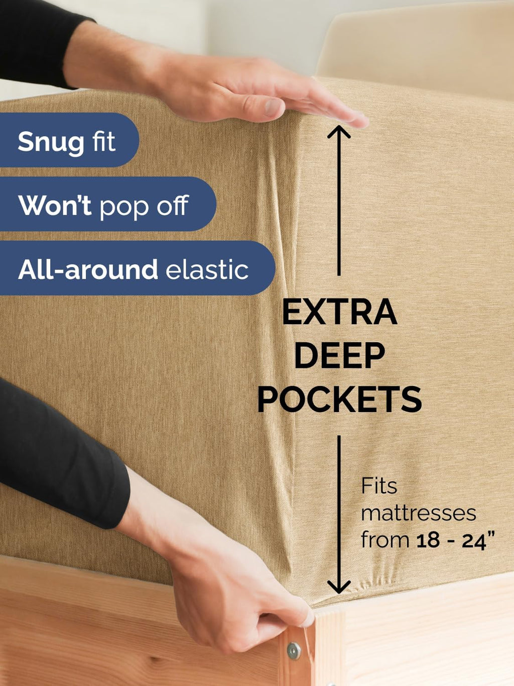 Skiennix Extra Deep Full Sheet Set - 6-Piece Breathable Cooling Bedding - Soft, Wrinkle-Free Heathered Tan
