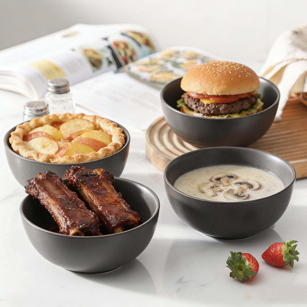 Tikooere Cereal Bowls, 24 oz Soup Bowls Set of 4, Ceramic Bowls Set for Salad, Fruit, Breakfast, Dessert, Stoneware Bowls for Kitchen, Dishwasher & Microwave Safe, Matte Black