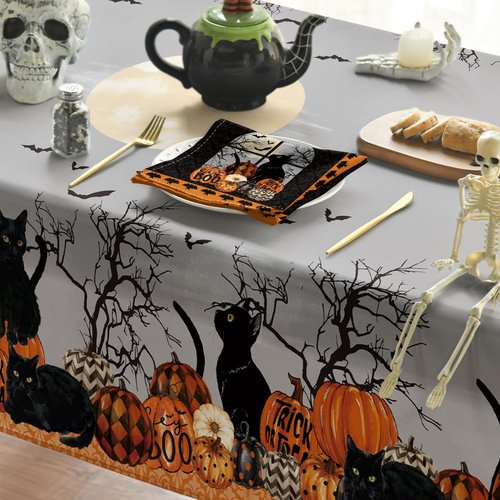 Horaldaily Halloween Tablecloth 90×90 Inch Round, Buffalo Plaid Pumpkin Moon Cat Washable Table Cover for Party Picnic Dinner Decor