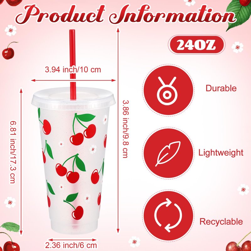 Potchen 12 Pcs Cherry Plastic Cups 24 oz Reusable Red Cherry Tumbler with Lids and Straws Reusable Drinking Juice Cups for Sweet One First Birthday Summer Fruit Birthday Daily Party Supplies