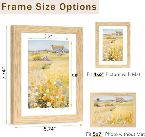 JCJMY 5x7 Solid Wood Picture Frame Set of 2 - Display 4x6 with Mat or 5x7 Without Mat, Natural Finish