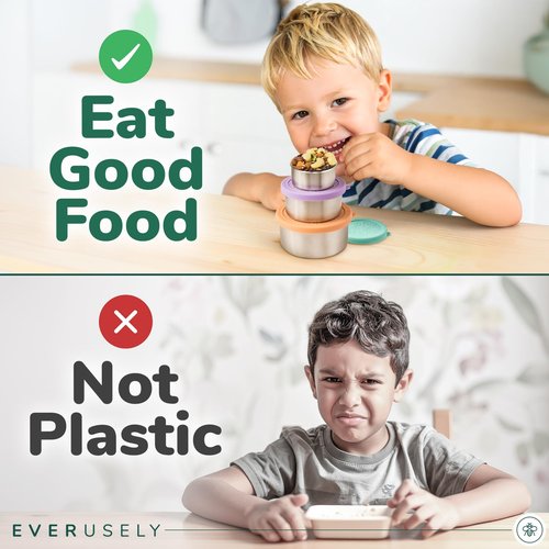 Everusely - Stainless Steel Food Containers - 3 Pack, Bright - Metal Lunch Box - Nesting Snack Containers for Office, Home Food Storage - Leakproof Silicone Lids - Dishwasher and Freezer Safe