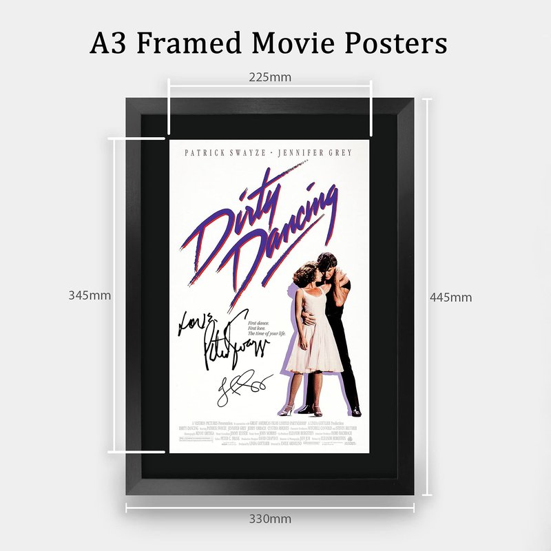 HWC Trading Dirty Dancing Movie Poster Cast Signed Patrick Swayze Jennifer Grey 16 x 12 inch Framed Gift Printed Autograph Film Print Photo Picture Display - 16" x 12" Framed