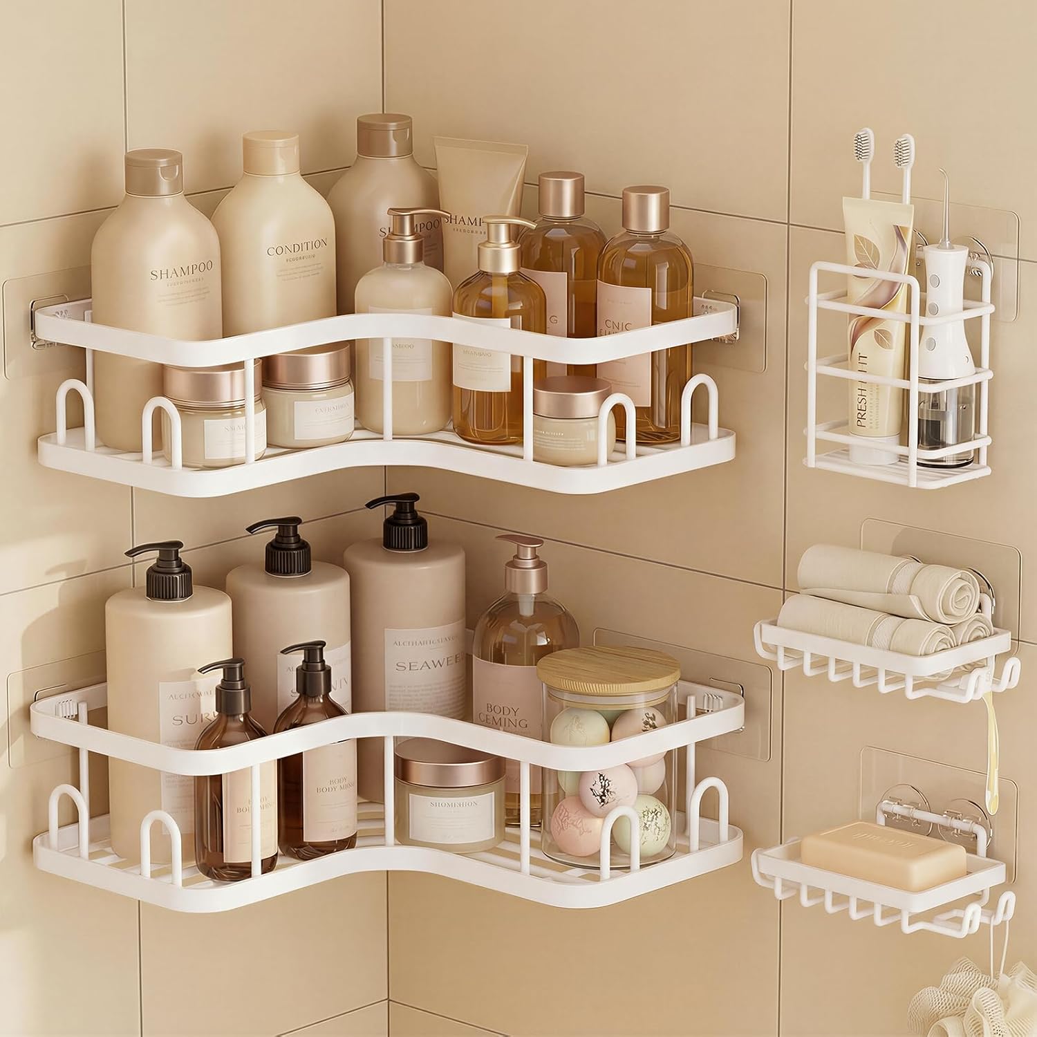 Veken Corner Shower Caddy 5-Pack - Advanced Rustproof Design | No Drilling Adhesive Shelves, Large Capacity White Bathroom Organizer
