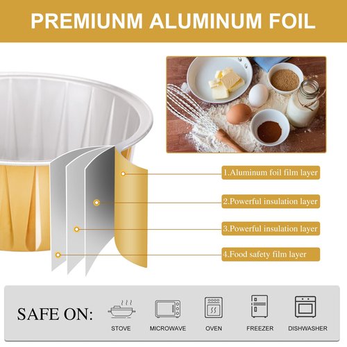 Gandeer 200 Pack Aluminum Foil Cupcake Liners with Lids, 5 oz Round Baking Cup,Disposable Tart Pie Ramekin Container for Ramadan, Easter, Wedding Party(Gold,Plain)