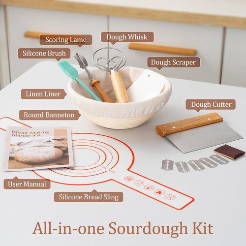 GobiSea Sourdough Starter Kit - Sourdough Bread Baking Supplies - 9" Round Banneton Bread Proofing Basket - Sourdough Bread Making Tools Kit - Baking Gifts