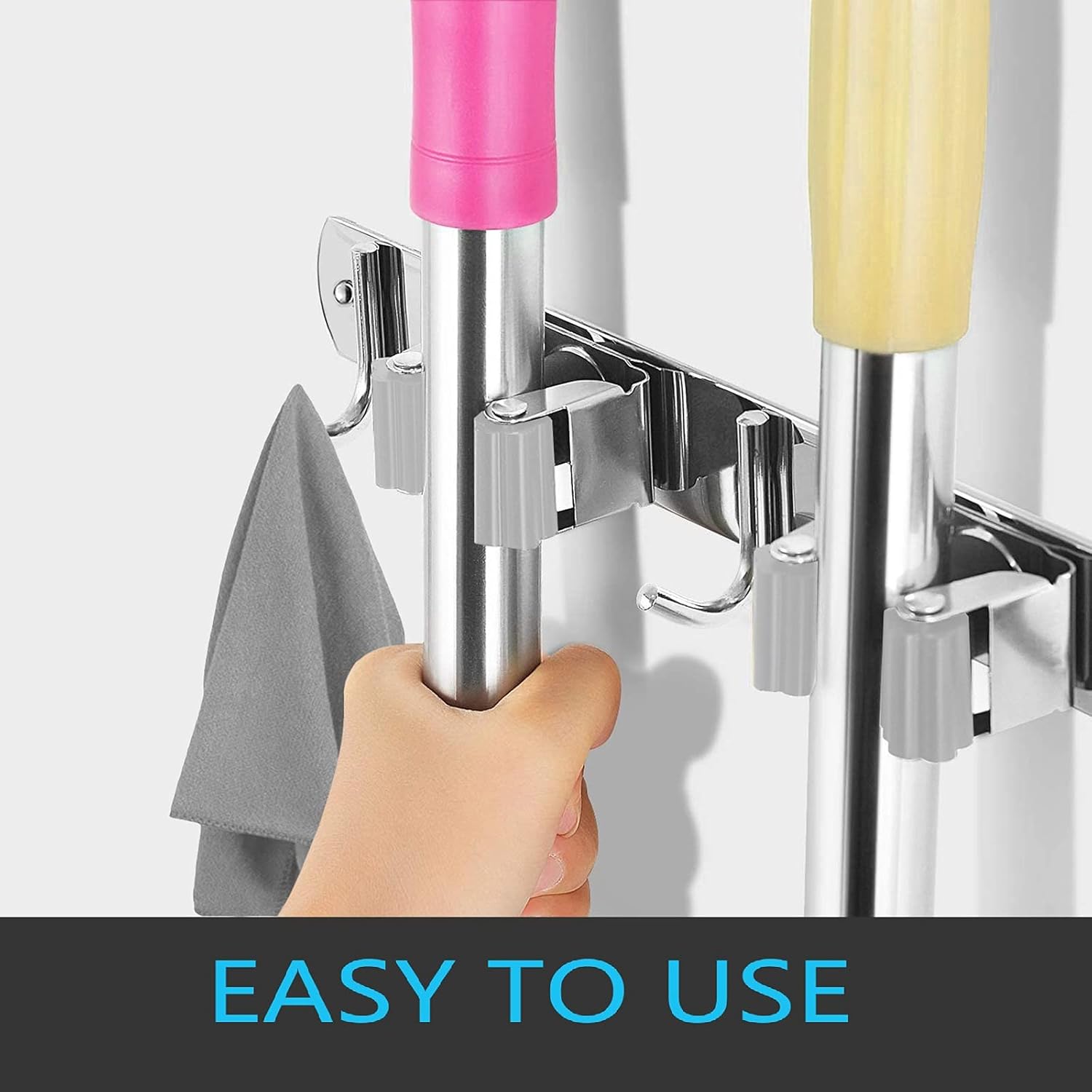 Skiennix Broom and Mop Holder - Wall Mounted Storage Rack with 2 Racks & 3 Hooks - Heavy Duty Stainless Steel
