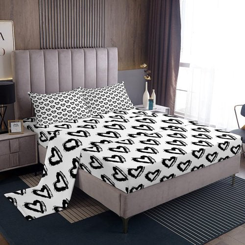 jejeloiu Heart Love Queen Size Bed Sheets Set Boys GirlsLove Pattern Sheet Set for Kids Ultra Soft Modern Sheets with Deep Pocket Fitted Sheet Black White Bedding Set Room Decor