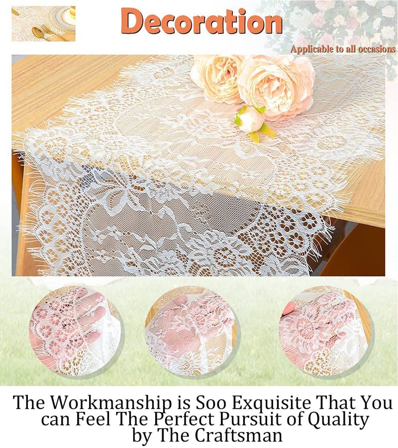 Pardecor Elegant Pardecor 2-Pack 14x120-Inch Lace Table Runner, White Floral Design for Rustic Boho Wedding, Bridal Shower, and Special Events